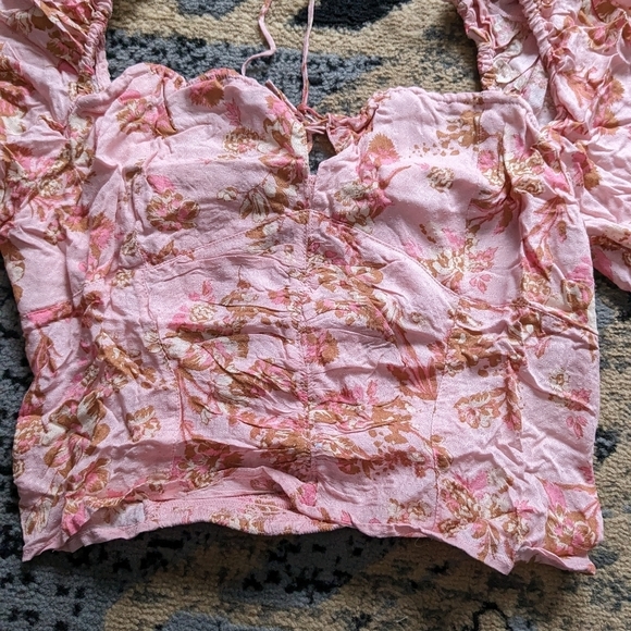 Free People Hilary printed top pink combo floral puff sleeve open back - Picture 3 of 10